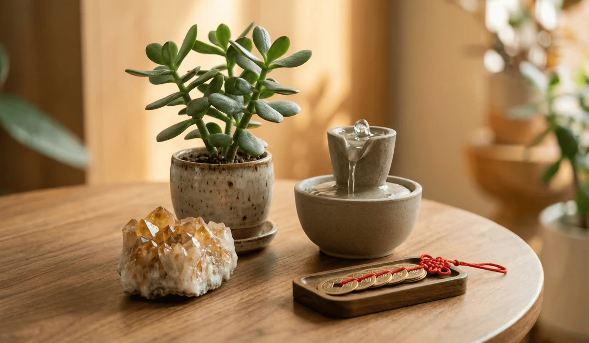 How to Use the Feng Shui Bagua Map to Attract Wealth in Your Living Room 1 - Buddha Bodhis A collection of Feng Shui wealth remedies including a Jade plant, Citrine crystals, and a small water fountain for the wealth sector.