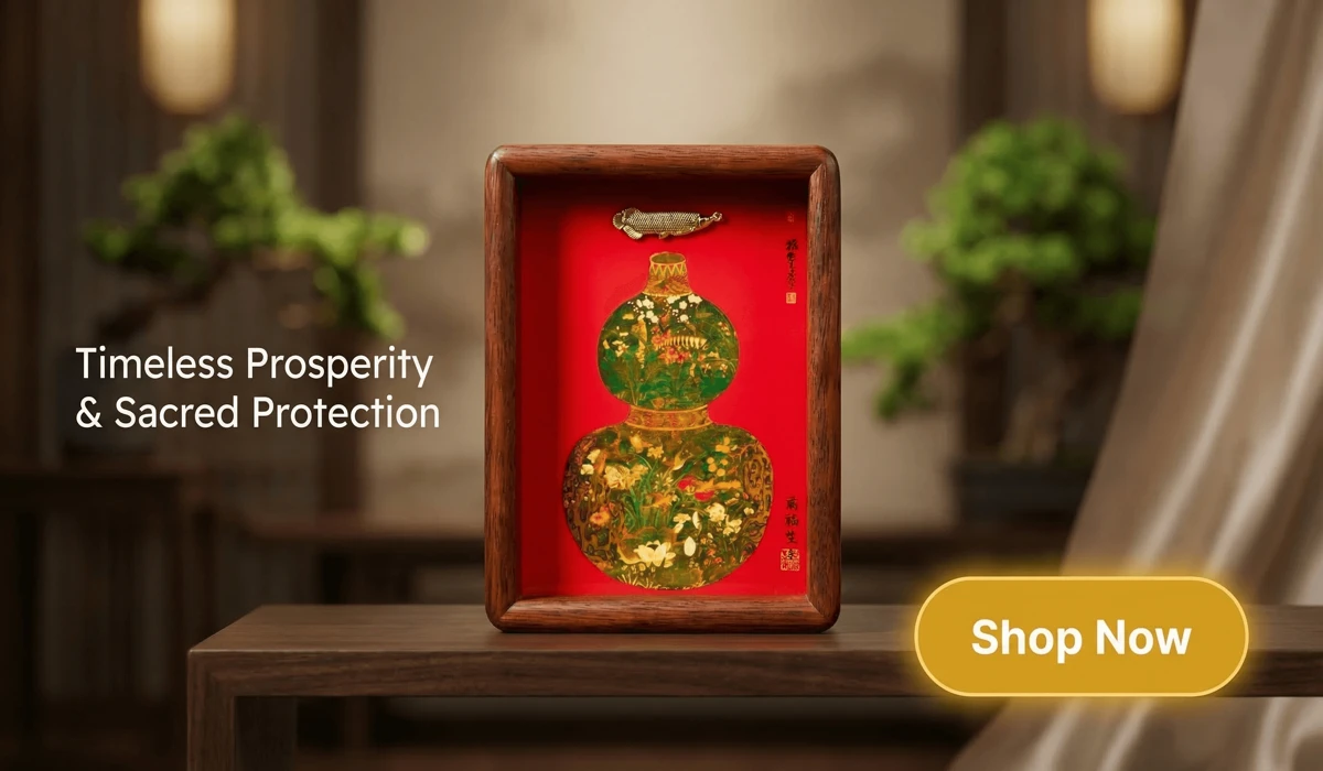 How to Use the Feng Shui Bagua Map to Attract Wealth in Your Living Room 3 - Buddha Bodhis Handcrafted 3D Feng Shui Prosperity Frame featuring Wu Lou and Arowana for wealth and health, styled for a luxury home decor blog.
