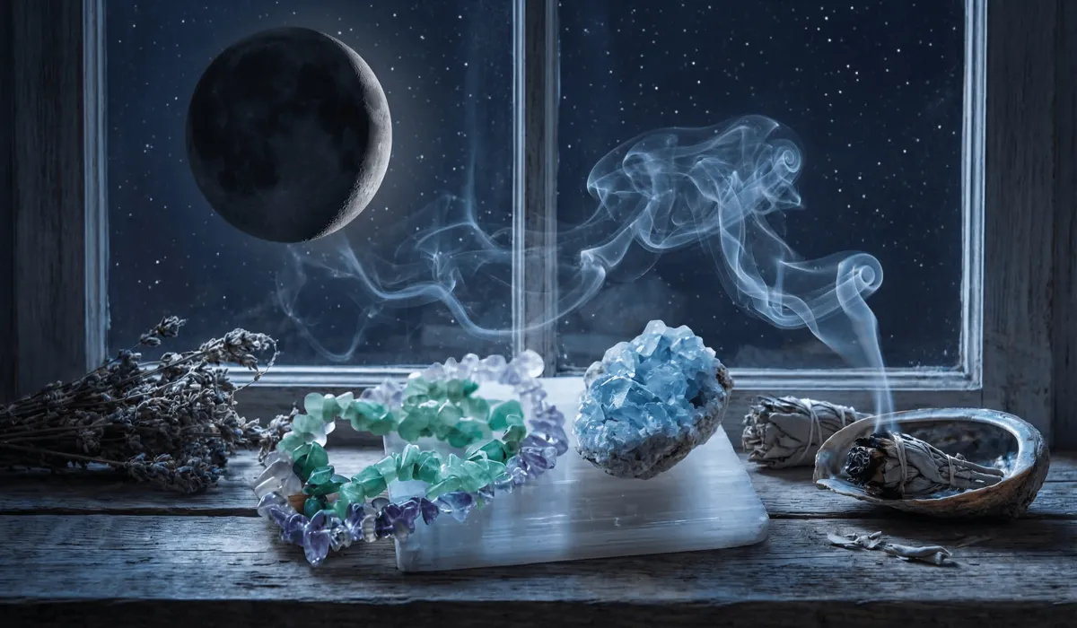 The Spiritual Meaning of Losing Your Fluorite Jewelry 4 - Buddha Bodhis Cleansing fluorite jewelry with sage smoke and a selenite plate under the moonlight to reset its spiritual vibration.