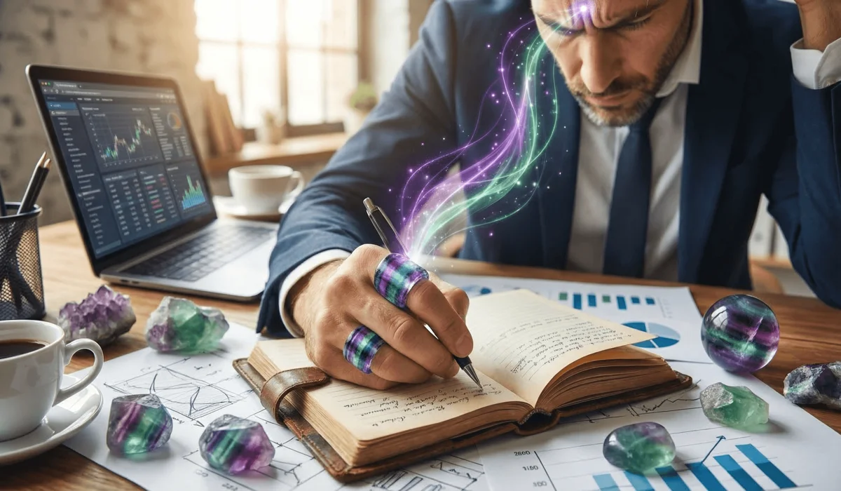 The Spiritual Meaning of Losing Your Fluorite Jewelry 2 - Buddha Bodhis A person wearing a fluorite ring for focus and mental clarity while working at a desk, illustrating the stone's spiritual benefits.