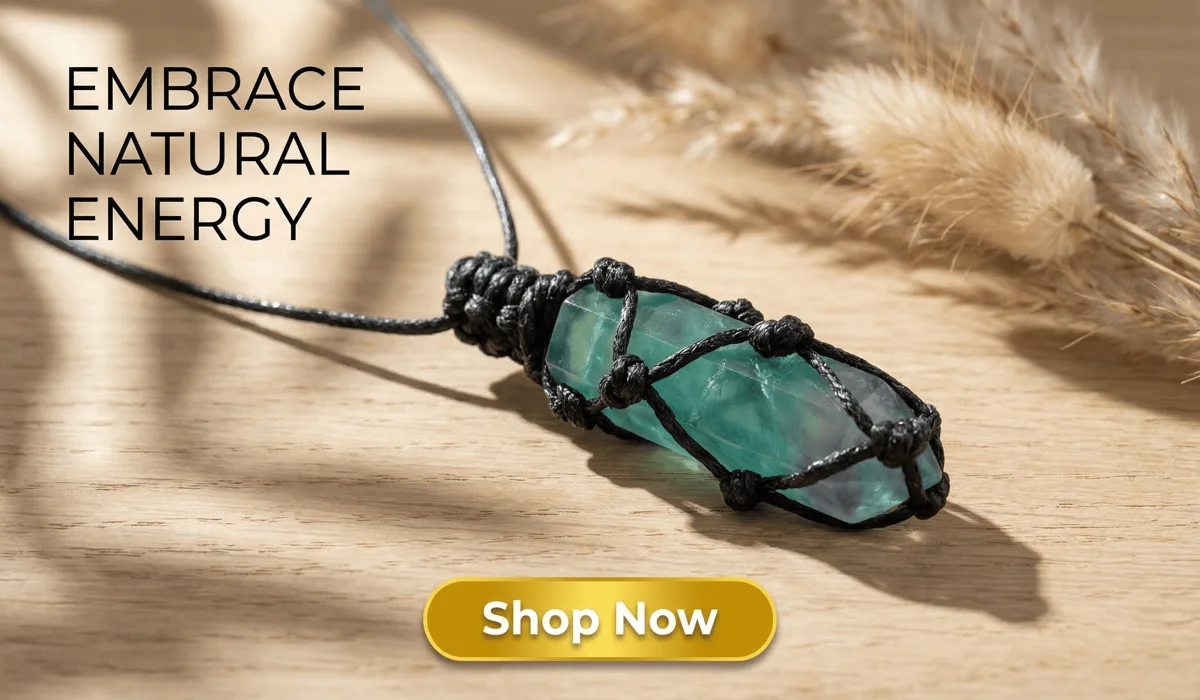 The Spiritual Meaning of Losing Your Fluorite Jewelry 3 - Buddha Bodhis Handcrafted natural fluorite crystal point wrapped pendant displayed in a serene minimalist setting with a Shop Now button