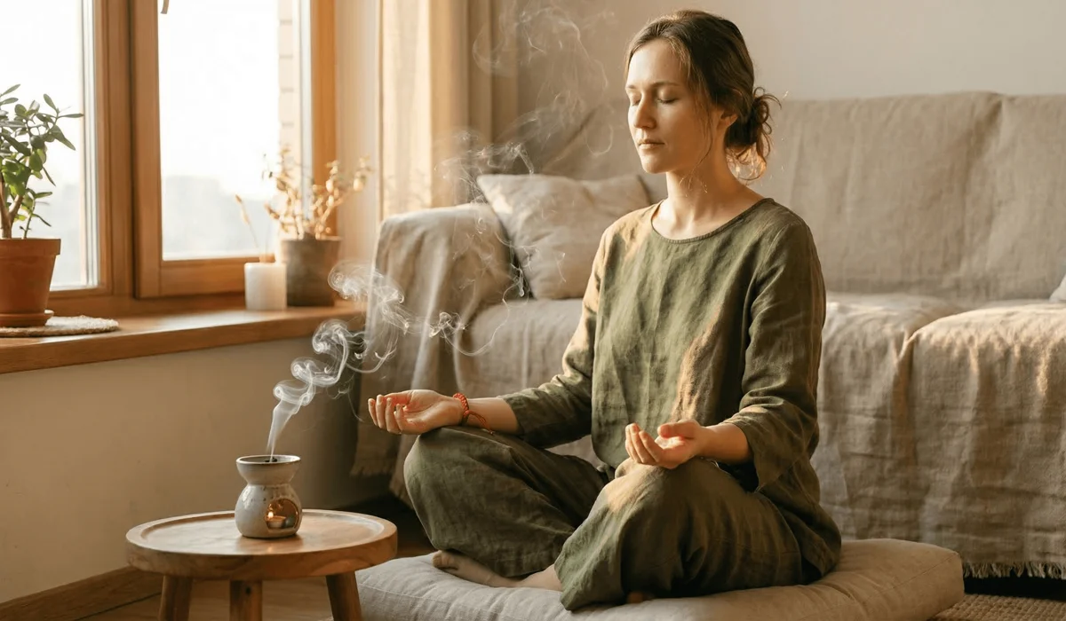 Tibetan Bracelet Meanings: A Guide to Colors, Symbols, and Spiritual Benefits 2 - Buddha Bodhis A woman wearing a Tibetan protection bracelet on her left wrist while meditating for mindfulness and emotional balance.