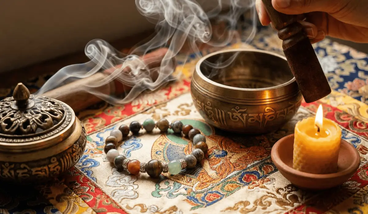 Tibetan Bracelet Meanings: A Guide to Colors, Symbols, and Spiritual Benefits 4 - Buddha Bodhis A Tibetan bracelet being cleansed with a singing bowl and sacred incense smoke to restore its spiritual energy.