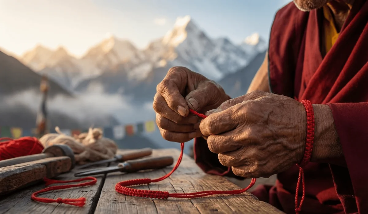 Tibetan Bracelet Meanings: A Guide to Colors, Symbols, and Spiritual Benefits - Buddha Bodhis Authentic hand-knotted Tibetan red string bracelet being crafted by a monk with the Himalayan mountains in the background.