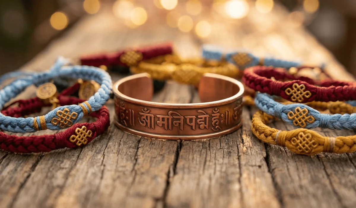 Tibetan Bracelet Meanings: A Guide to Colors, Symbols, and Spiritual Benefits 1 - Buddha Bodhis Tibetan mantra bracelet with Om Mani Padme Hum engraving and colorful spiritual symbols like the endless knot.