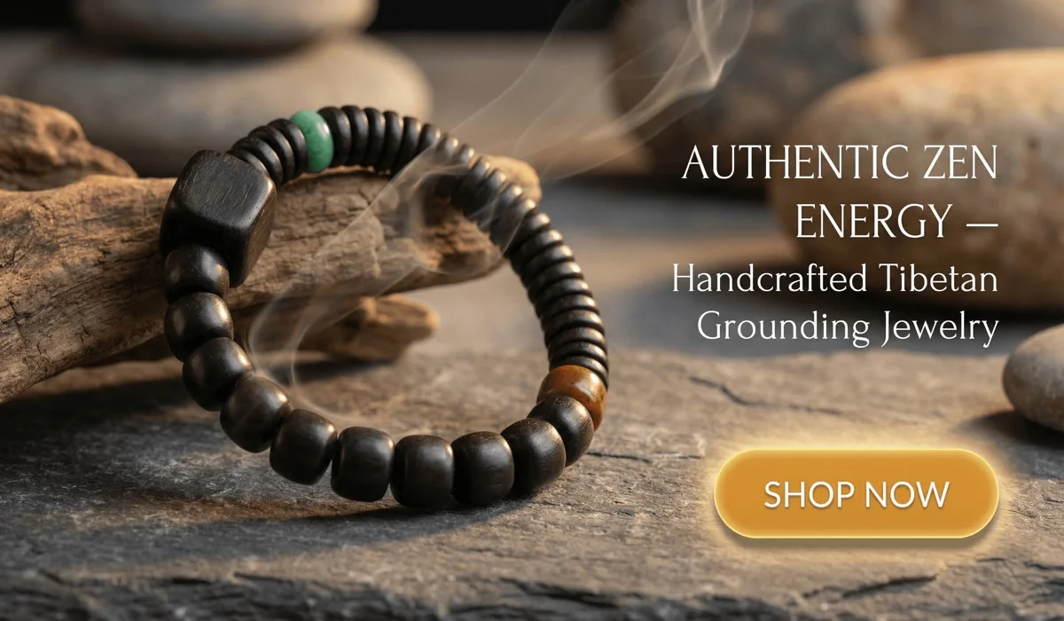 Tibetan Bracelet Meanings: A Guide to Colors, Symbols, and Spiritual Benefits 3 - Buddha Bodhis Handcrafted Ebony and Yak Bone Tibetan Grounding Bracelet with Shop Now button for Zen-style jewelry blog