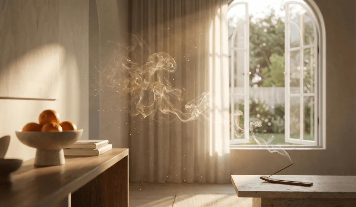 How to Cleanse Your Aura: A Beginner’s Guide to Energy Clearing and Incense 3 - Buddha Bodhis Incense smoke clearing negative energy and restoring Qi flow in a bright, modern room.