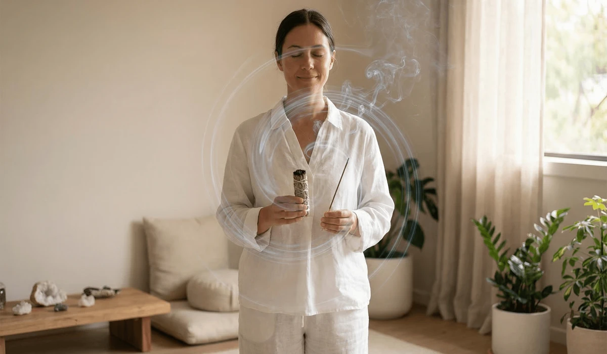 How to Cleanse Your Aura: A Beginner’s Guide to Energy Clearing and Incense 1 - Buddha Bodhis A person performing a systematic aura smudging ritual with incense smoke for spiritual purification.