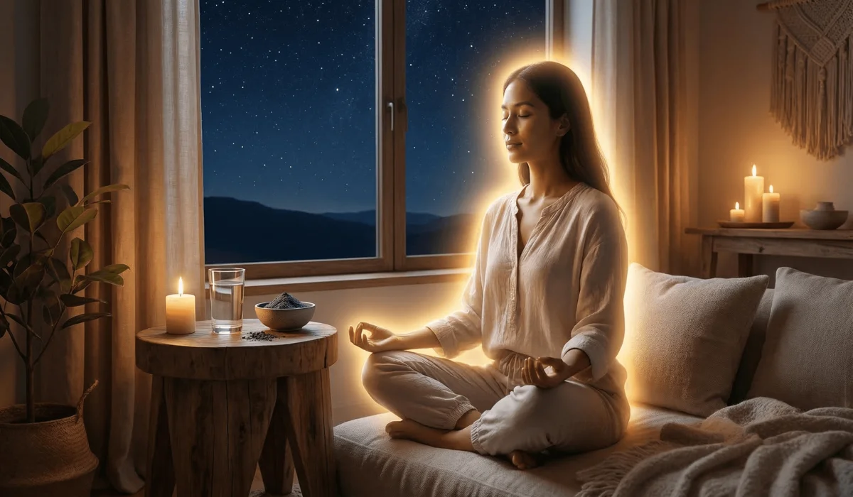 How to Cleanse Your Aura: A Beginner’s Guide to Energy Clearing and Incense 4 - Buddha Bodhis Meditation after aura cleansing showing spiritual renewal and the sealing of positive energy.