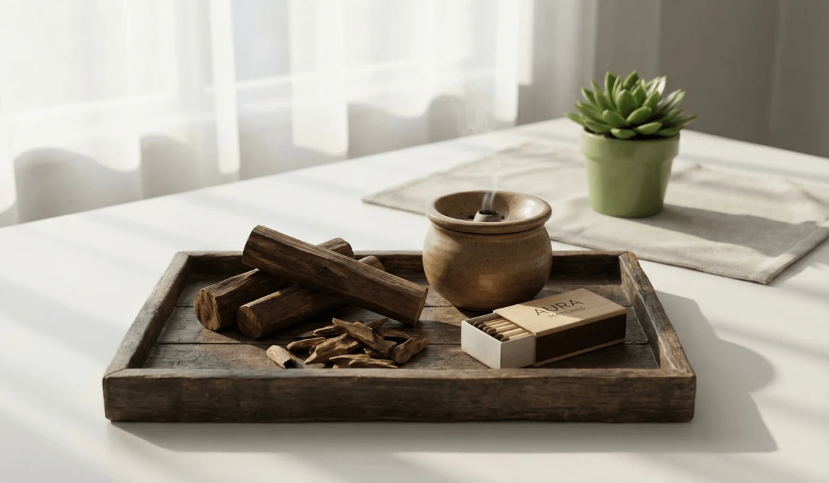 How to Cleanse Your Aura: A Beginner’s Guide to Energy Clearing and Incense - Buddha Bodhis Natural Sandalwood and Agarwood incense tools with a ceramic burner for spiritual aura cleansing preparation.