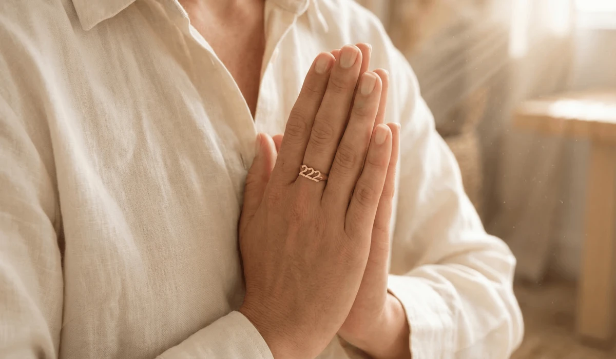 How to Cleanse and Charge Your Angel Number Jewelry for Positive Energy 2 - Buddha Bodhis A person wearing an angel number ring while practicing intention setting and meditation for spiritual connection.