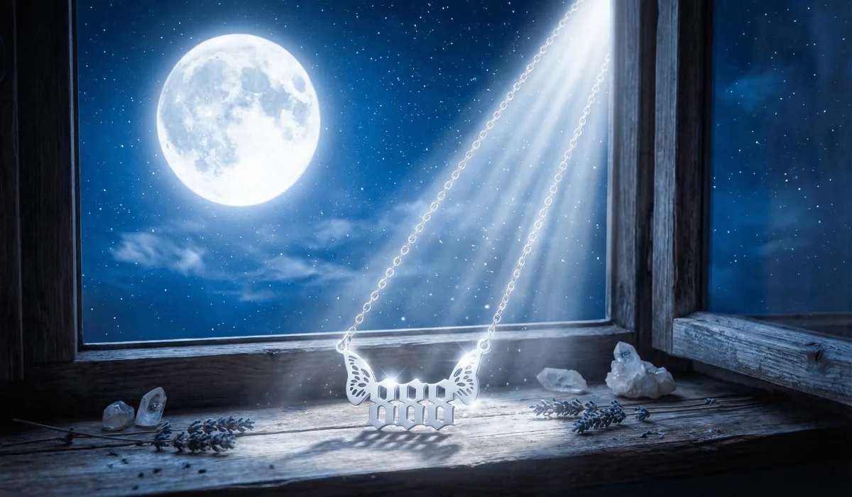 How to Cleanse and Charge Your Angel Number Jewelry for Positive Energy 4 - Buddha Bodhis Silver angel number pendant being charged by the light of a full moon on a windowsill.