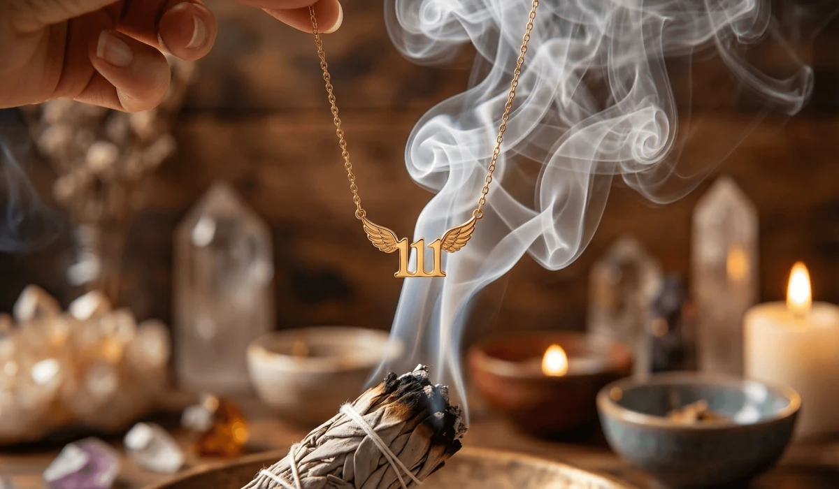 How to Cleanse and Charge Your Angel Number Jewelry for Positive Energy - Buddha Bodhis A gold 111 angel number necklace being cleansed with white sage smoke to remove negative energy.