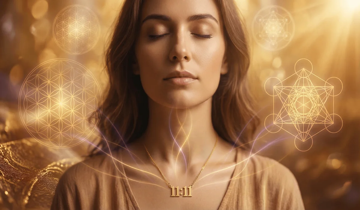 Choosing Your Angel Number Necklace: The Spiritual and Energetic Differences Between Gold and Silver 1 - Buddha Bodhis Gold angel number necklace aligned with the Solar Plexus and Crown Chakras during meditation, symbolizing divine masculine energy.
