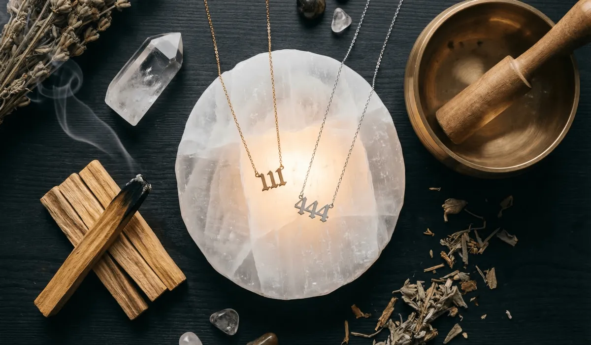 Choosing Your Angel Number Necklace: The Spiritual and Energetic Differences Between Gold and Silver 4 - Buddha Bodhis Gold and silver angel number necklaces being cleansed on a Selenite plate with Palo Santo smoke to reset their vibrational frequencies.
