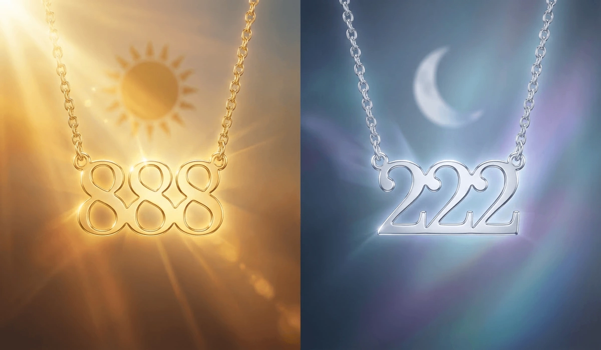 Choosing Your Angel Number Necklace: The Spiritual and Energetic Differences Between Gold and Silver - Buddha Bodhis Comparison of gold 888 angel number necklace under sunlight and silver 222 necklace under moonlight, representing solar and lunar energy.