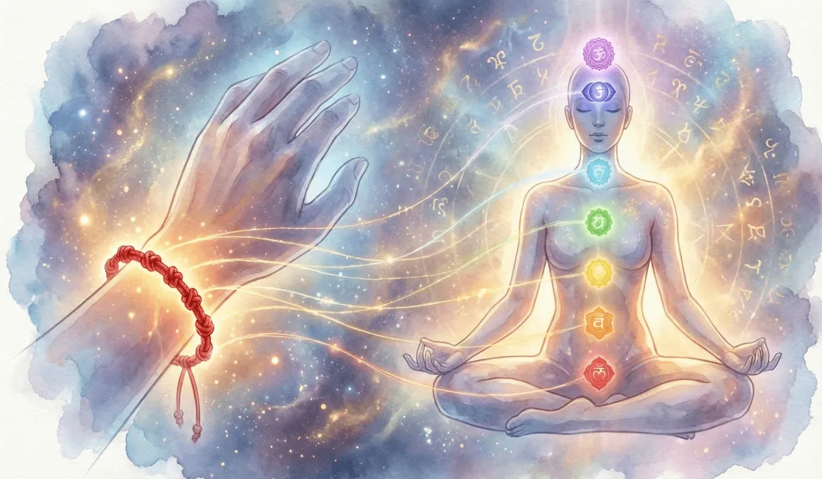 The Spiritual Meaning and Significance of the 7-Knot Tibetan Bracelet 1 - Buddha Bodhis Digital art showing the spiritual connection between the 7 knots of a Tibetan bracelet and the body's seven chakras.