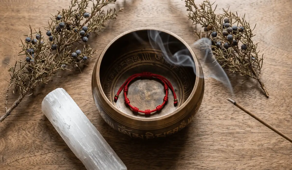 The Spiritual Meaning and Significance of the 7-Knot Tibetan Bracelet 4 - Buddha Bodhis Tibetan 7-knot bracelet being cleansed in a singing bowl with crystals and sacred incense smoke.