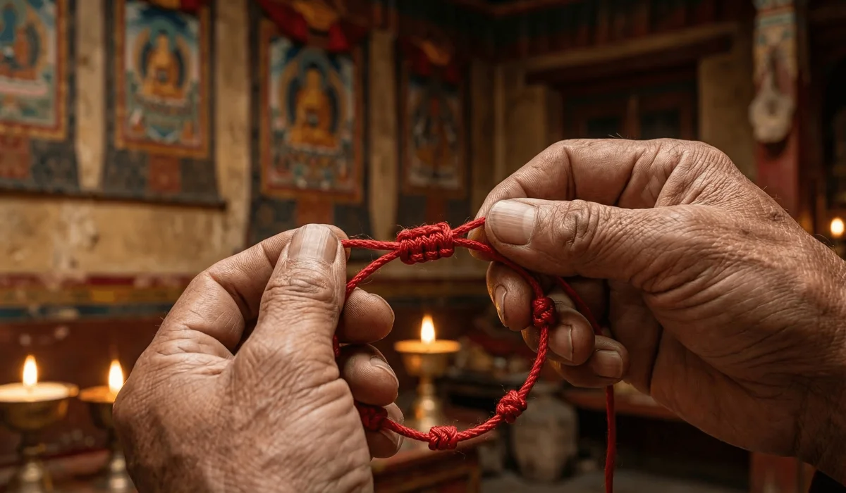 The Spiritual Meaning and Significance of the 7-Knot Tibetan Bracelet - Buddha Bodhis Tibetan monk hand-braiding an authentic 7-knot red string bracelet in a Himalayan temple setting.