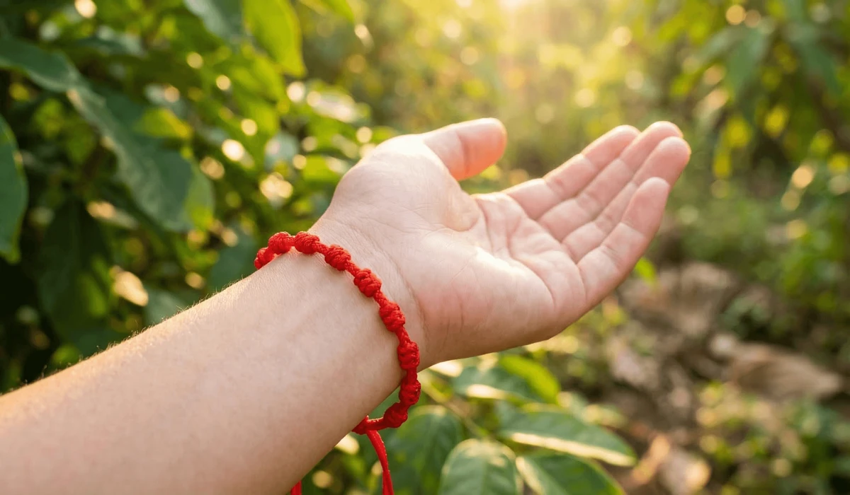 The Spiritual Meaning and Significance of the 7-Knot Tibetan Bracelet 2 - Buddha Bodhis Close-up of a 7-knot Tibetan red string bracelet worn on the left wrist for receiving spiritual energy.