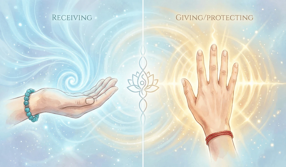 Which Hand Should You Wear a Tibetan Bracelet On? Understanding the Energy of the Left and Right Wrist 1 - Buddha Bodhis Diagram illustrating the spiritual energy flow of the left receiving hand and right giving hand for Tibetan bracelets.