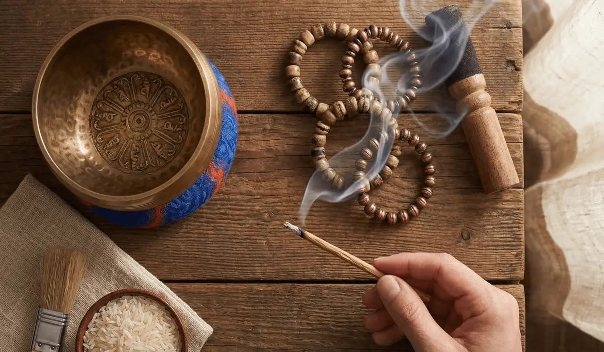 Which Hand Should You Wear a Tibetan Bracelet On? Understanding the Energy of the Left and Right Wrist 4 - Buddha Bodhis Tibetan bracelet cleansing ritual featuring a singing bowl, incense, and sacred jewelry on a spiritual altar.