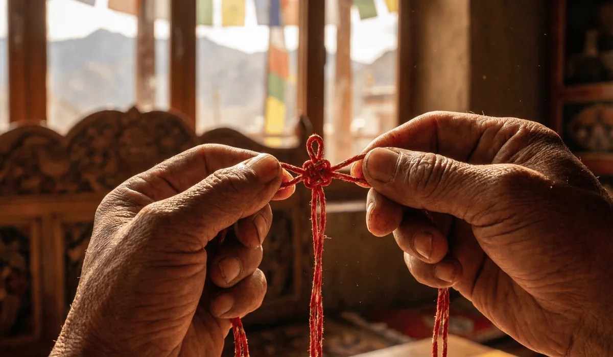 Which Hand Should You Wear a Tibetan Bracelet On? Understanding the Energy of the Left and Right Wrist - Buddha Bodhis Authentic handcrafted Tibetan lucky knot bracelet being tied by a monk in a Himalayan monastery setting.