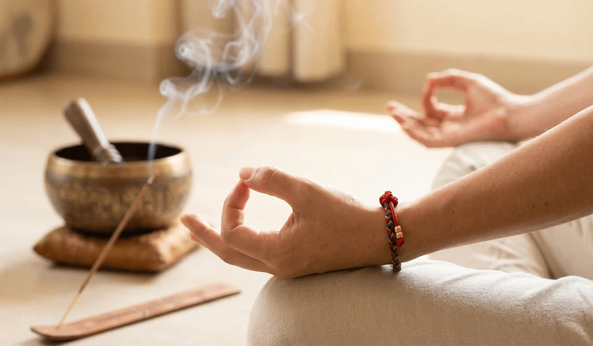 Which Hand Should You Wear a Tibetan Bracelet On? Understanding the Energy of the Left and Right Wrist 2 - Buddha Bodhis Person wearing a Tibetan spiritual protection bracelet during meditation to enhance mindfulness and luck.