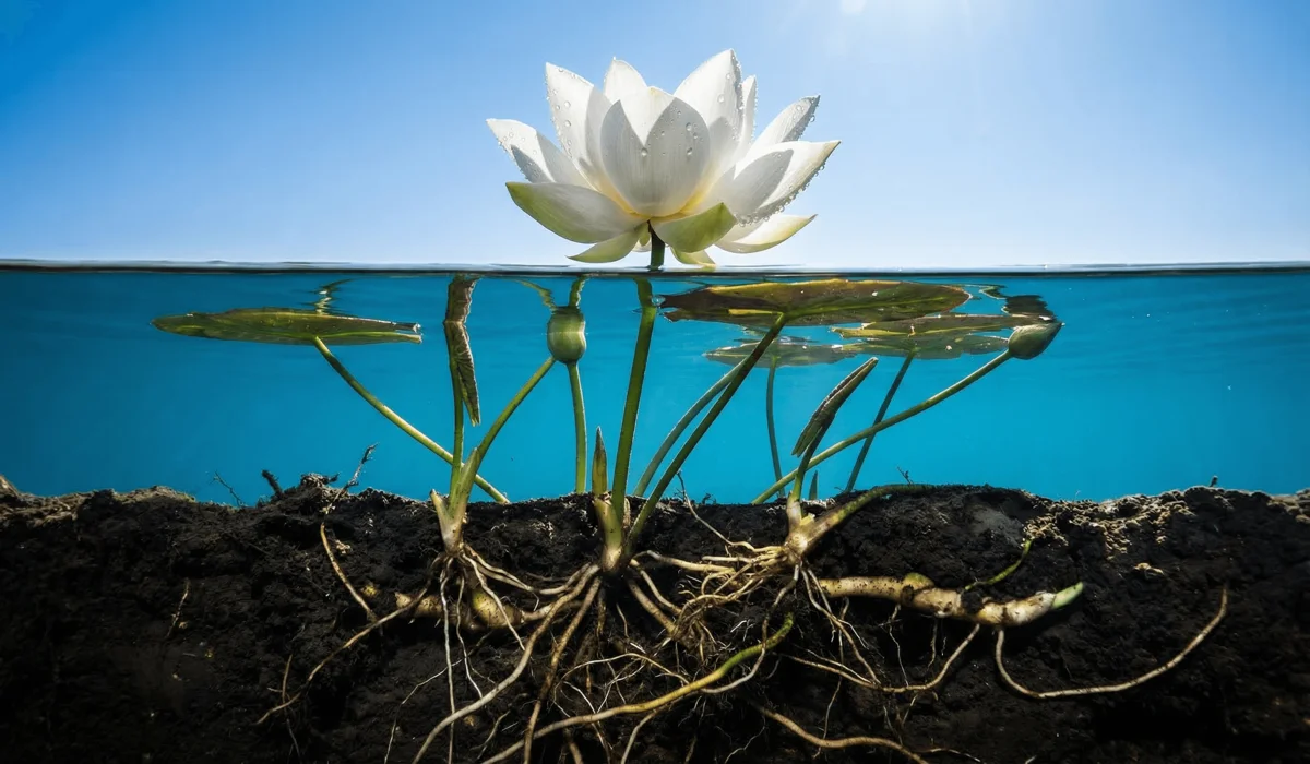 The Spiritual Meaning of the Lotus Flower: Finding Growth in the Mud 1 - Buddha Bodhis A cross-section of a lotus flower growing from dark mud through water into the light, illustrating the philosophy of growth through suffering.