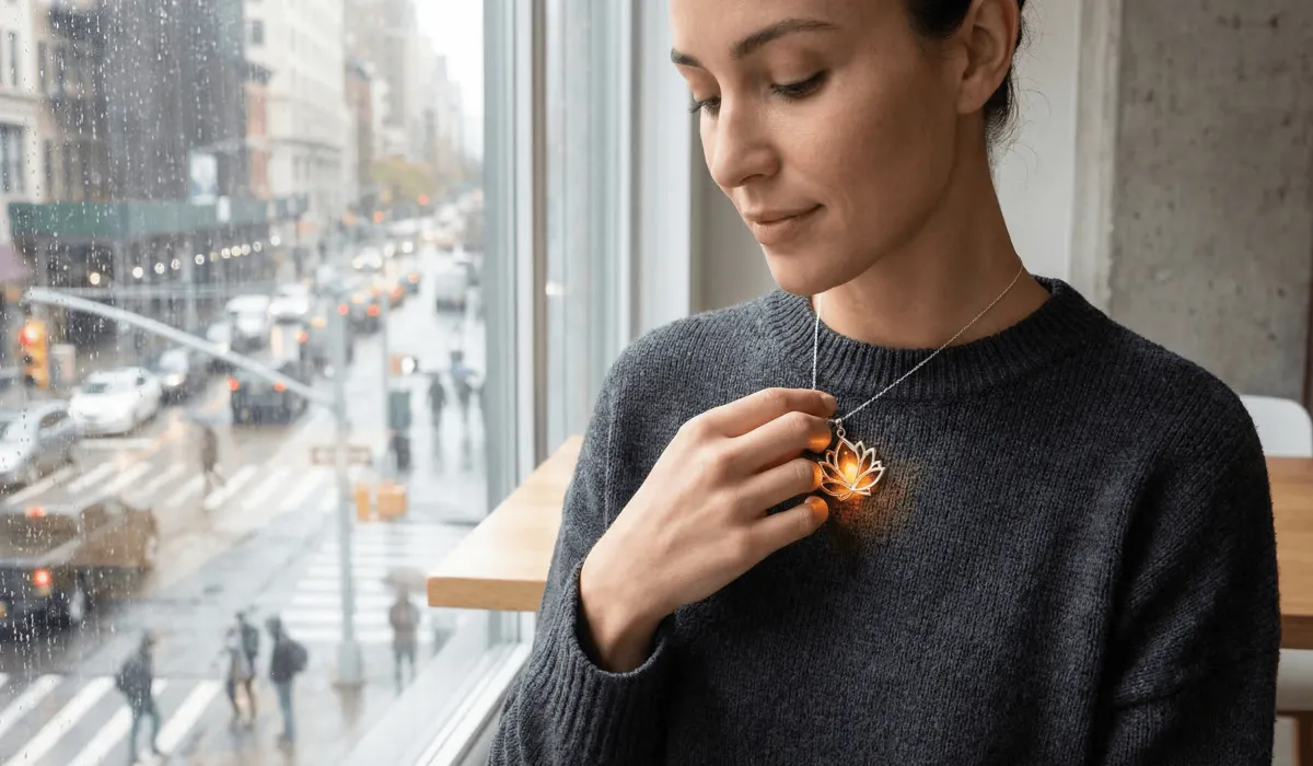 The Spiritual Meaning of the Lotus Flower: Finding Growth in the Mud 2 - Buddha Bodhis Close-up of a woman wearing a silver lotus pendant as a symbol of emotional resilience against modern digital fatigue.