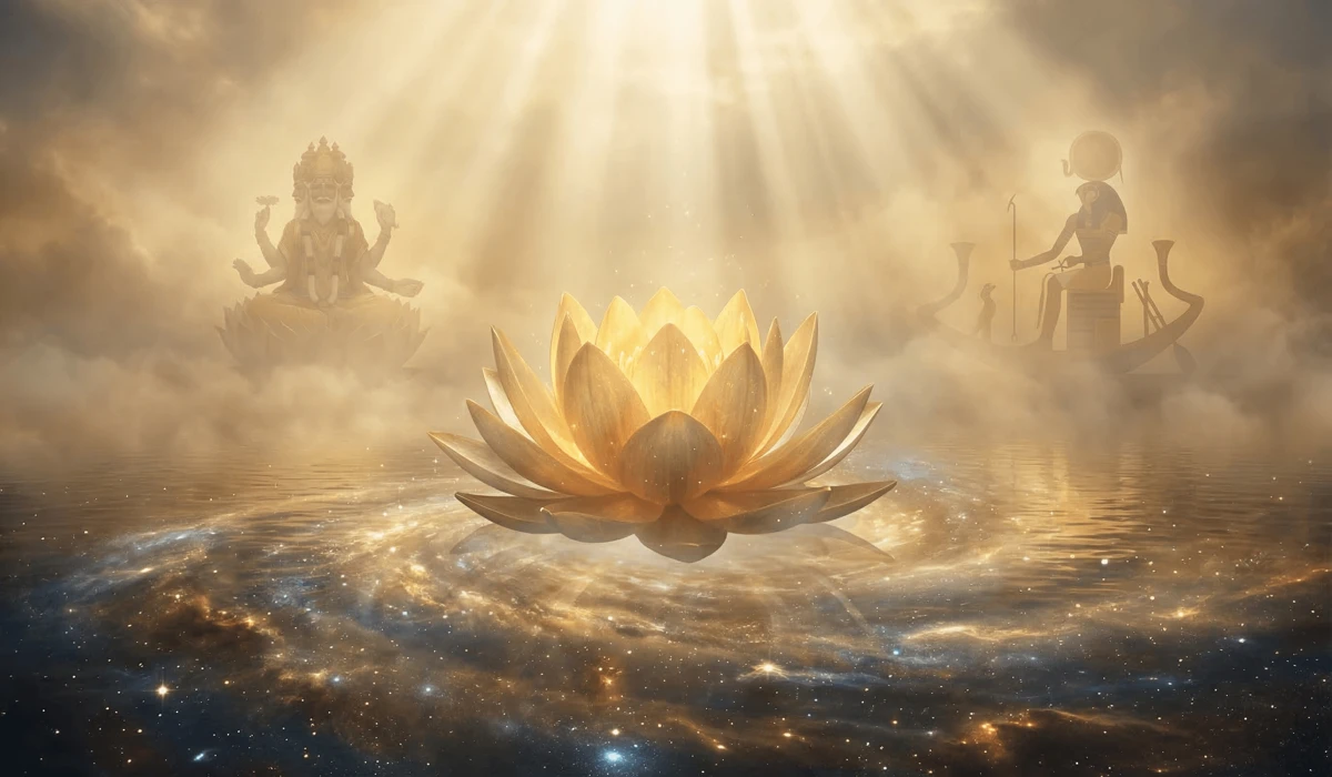 The Spiritual Meaning of the Lotus Flower: Finding Growth in the Mud - Buddha Bodhis A divine golden lotus blooming from cosmic waters, symbolizing Hindu and Egyptian sacred origins and the birth of creation.