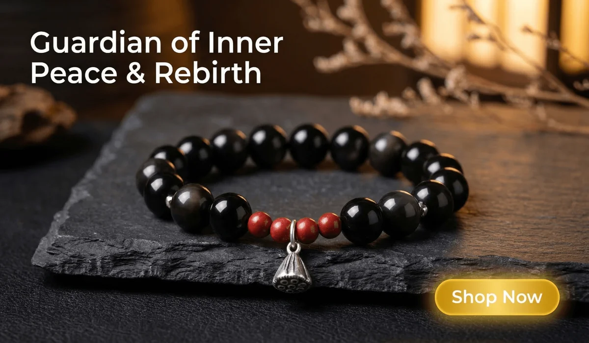 The Spiritual Meaning of the Lotus Flower: Finding Growth in the Mud 3 - Buddha Bodhis High-end Black Obsidian and Silver Lotus Bracelet for Protection and Rebirth, featuring glossy black beads and a lotus charm on a Zen-style background with a Shop Now button.