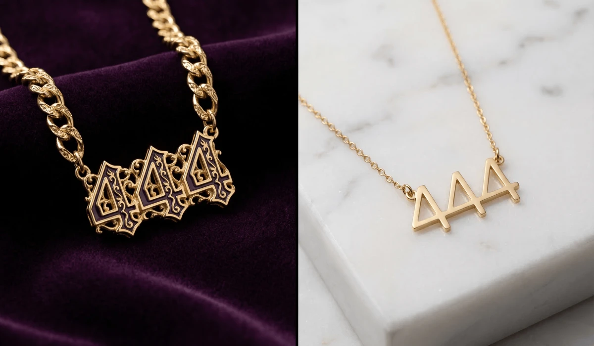 Angel Number Necklaces: Choosing Between Old English and Minimalist Fonts - Buddha Bodhis Comparison between Old English gothic font and minimalist style angel number necklaces in gold.