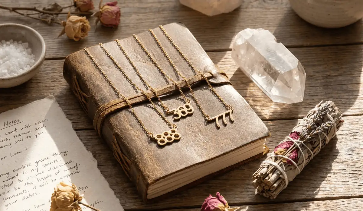 Angel Number Necklaces: Choosing Between Old English and Minimalist Fonts 2 - Buddha Bodhis Spiritual flat lay featuring an angel number necklace, crystals, and a journal for manifestation practices.