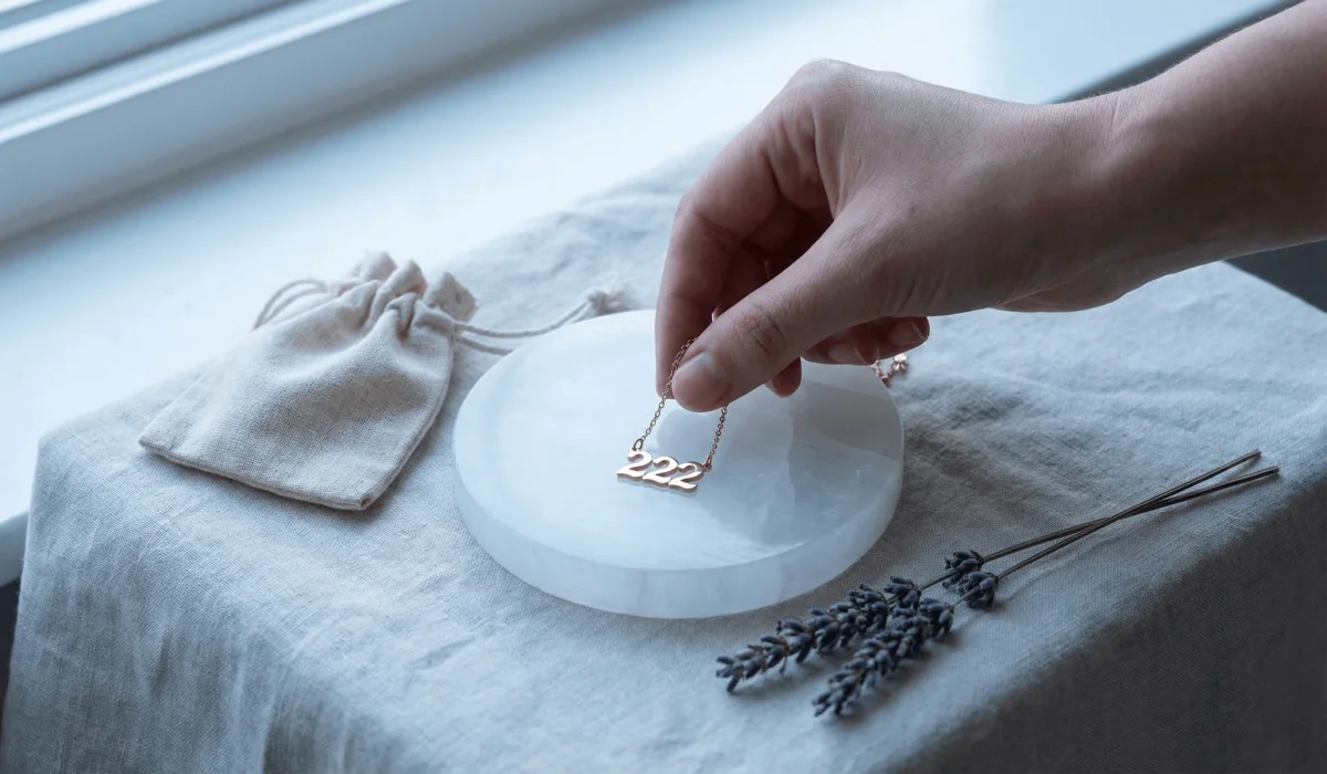Angel Number Necklaces: Choosing Between Old English and Minimalist Fonts 4 - Buddha Bodhis Charging an angel number necklace on a selenite plate to refresh its spiritual vibration.