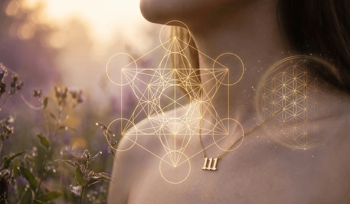 Angel Number Necklaces: Choosing Between Old English and Minimalist Fonts 1 - Buddha Bodhis A woman wearing a 111 angel number necklace representing manifestation and sacred geometry energy.
