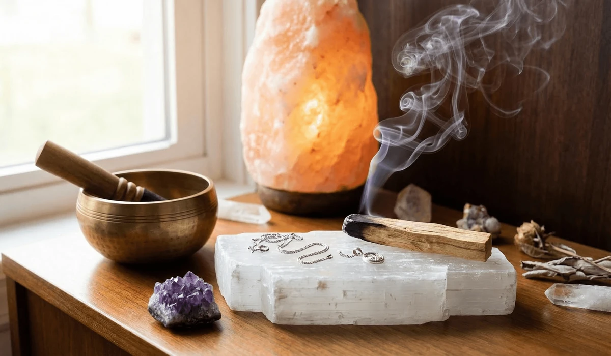 What to Do If Your Angel Number Necklace Breaks: Spiritual Meaning and Practical Steps 3 - Buddha Bodhis A spiritual cleansing ritual for broken jewelry using palo santo smoke and a selenite charging plate.
