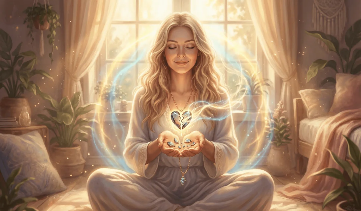 What to Do If Your Angel Number Necklace Breaks: Spiritual Meaning and Practical Steps 1 - Buddha Bodhis A woman holding broken spiritual jewelry near her heart, reflecting on an energy shift and manifestation completion.