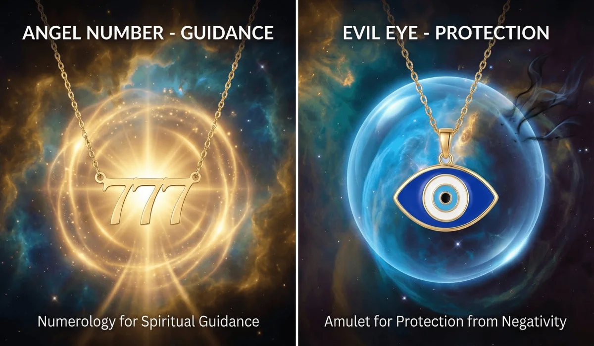 What to Do If Your Angel Number Necklace Breaks: Spiritual Meaning and Practical Steps 2 - Buddha Bodhis Comparison between an angel number necklace for guidance and an evil eye pendant for spiritual protection.