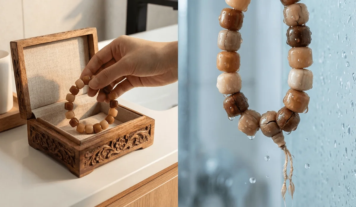 Can You Wear Your Tibetan Bracelet in the Shower? A Guide to Water Safety and Care 2 - Buddha Bodhis Visual guide showing why to remove a Tibetan bracelet before showering to prevent water damage.