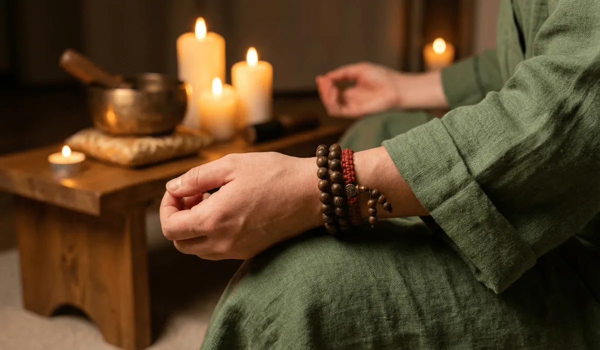 Can You Wear Your Tibetan Bracelet in the Shower? A Guide to Water Safety and Care 1 - Buddha Bodhis A person meditating wearing a Tibetan bead bracelet on their left hand for energy alignment.