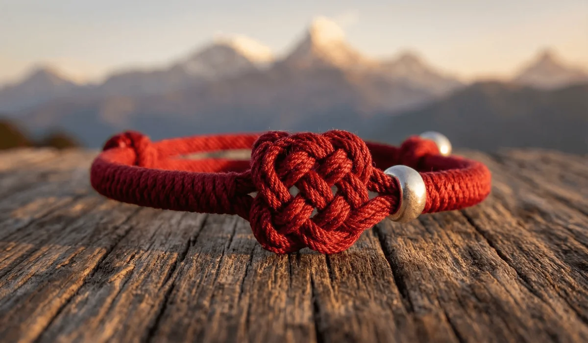 Can You Wear Your Tibetan Bracelet in the Shower? A Guide to Water Safety and Care - Buddha Bodhis Close-up of a traditional Tibetan red string bracelet with an Endless Knot on a wooden background.