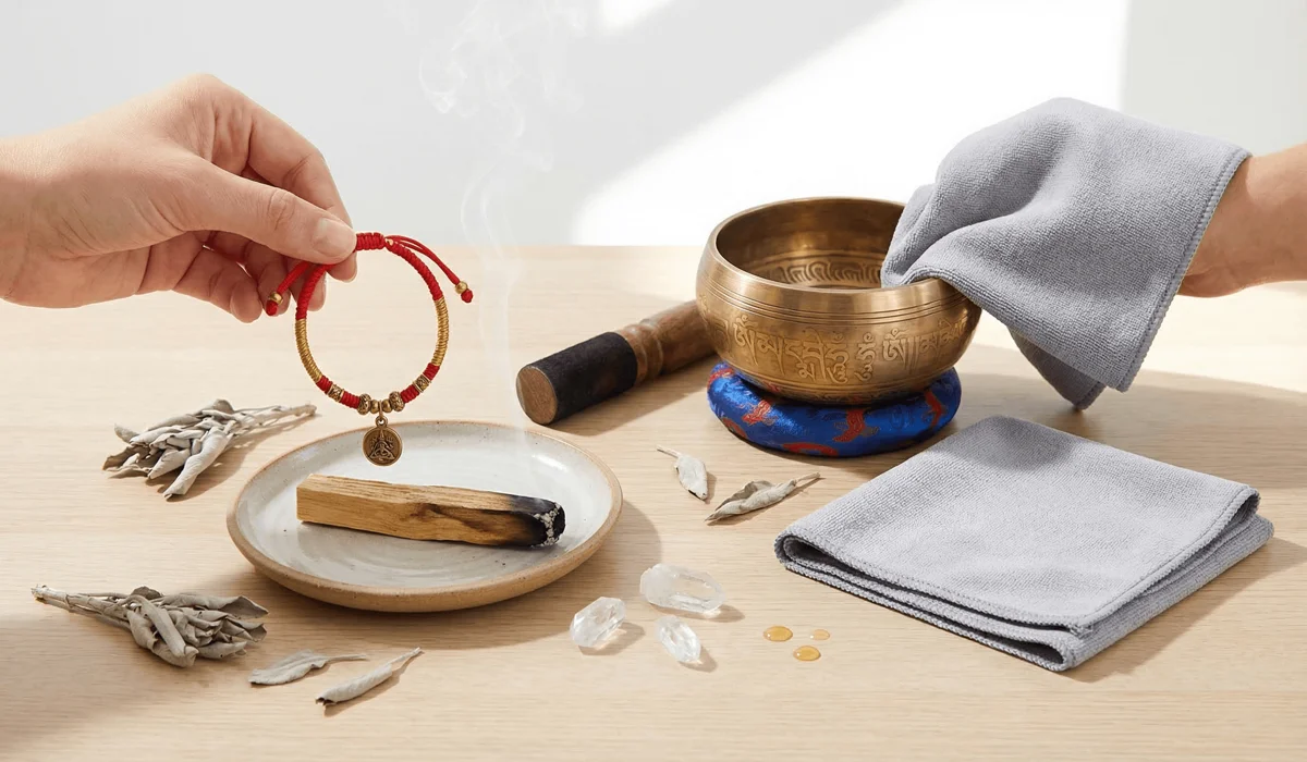 Can You Wear Your Tibetan Bracelet in the Shower? A Guide to Water Safety and Care 4 - Buddha Bodhis Spiritual cleansing and care setup for Tibetan bracelets featuring Palo Santo and a singing bowl.