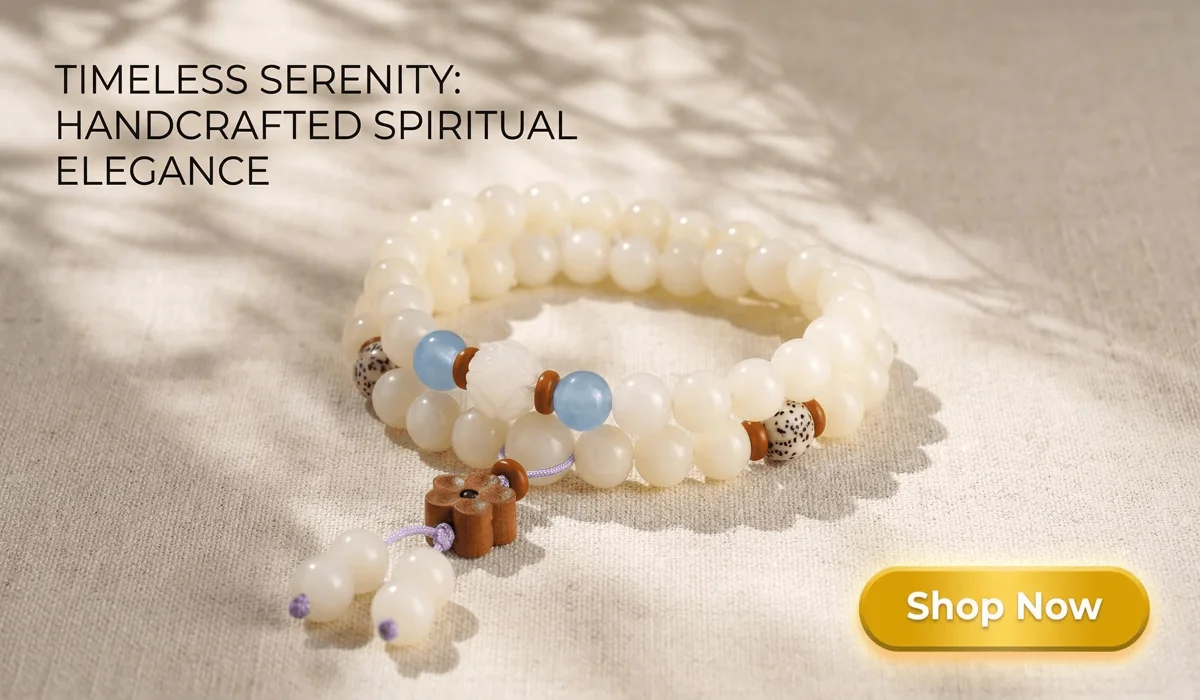 Can You Wear Your Tibetan Bracelet in the Shower? A Guide to Water Safety and Care 3 - Buddha Bodhis Handcrafted White Bodhi Seed Double-Wrap Bracelet with Blue Chalcedony Amulet - Zen style spiritual jewelry for meditation and elegance