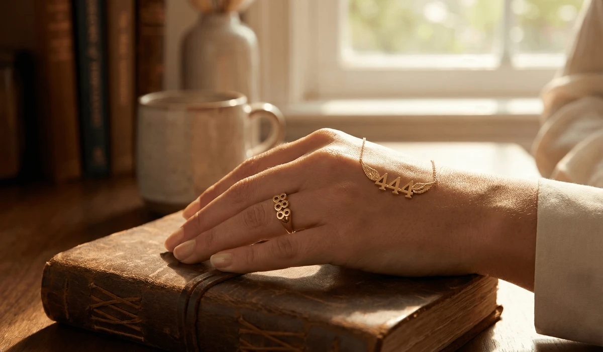 What Are Angel Numbers? A Beginner’s Guide to Their Meanings and Significance 1 - Buddha Bodhis Elegant gold angel number jewelry including a 444 necklace and 888 ring worn as spiritual manifestation anchors.