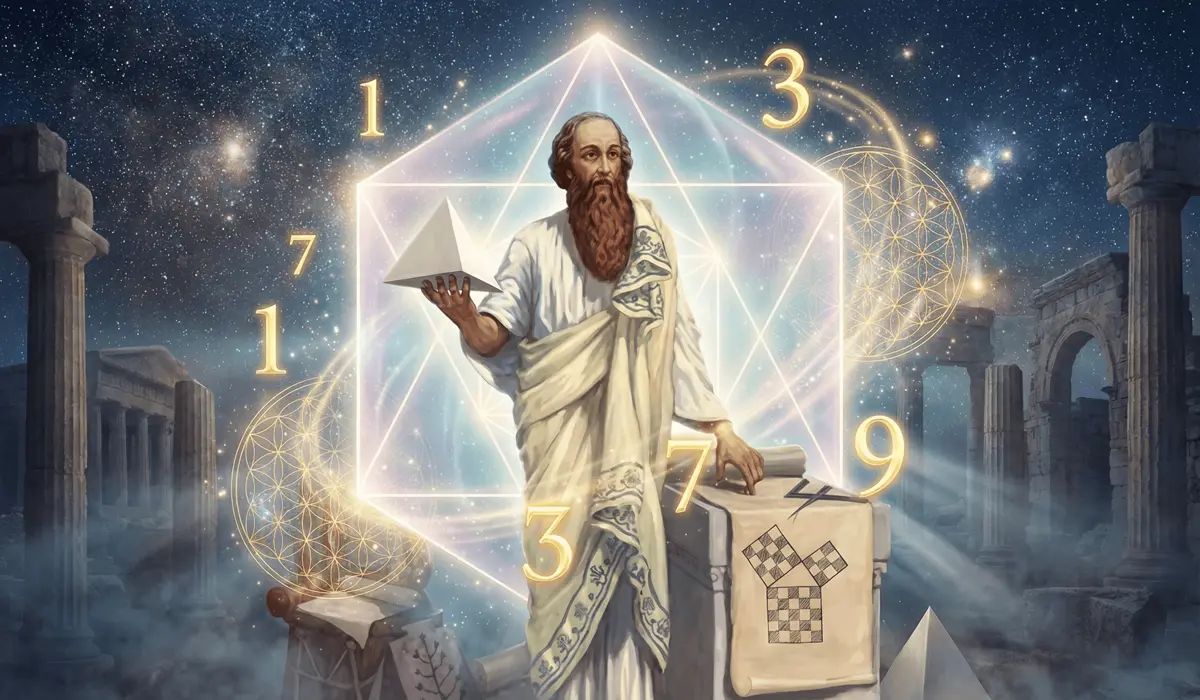 What Are Angel Numbers? A Beginner’s Guide to Their Meanings and Significance - Buddha Bodhis Ancient philosopher Pythagoras exploring the sacred geometry and origins of angel numbers in a celestial temple.