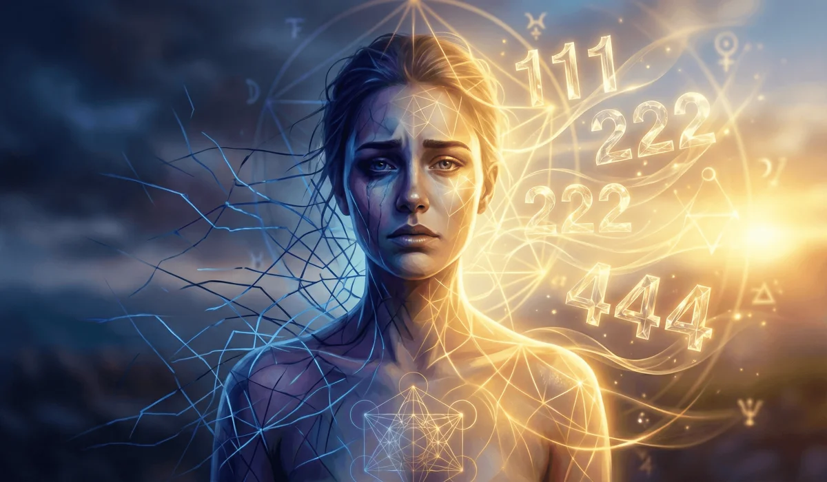 Why You Keep Seeing Angel Numbers After a Breakup and What They Mean for Your Healing 1 - Buddha Bodhis Concept of numerical alchemy showing angel numbers 111 and 222 transforming emotional grief into spiritual alignment.