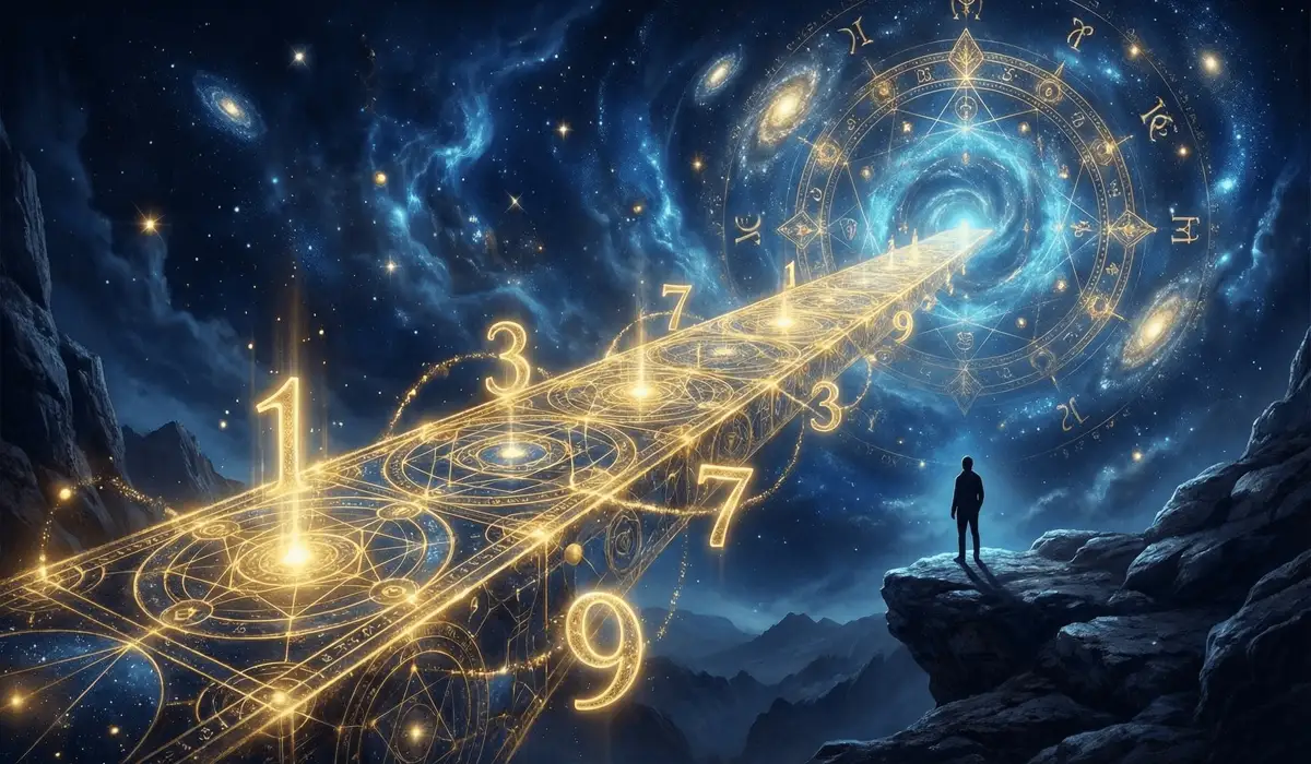 Why You Keep Seeing Angel Numbers After a Breakup and What They Mean for Your Healing - Buddha Bodhis Mystical visualization of ancient Pythagorean sacred geometry and angel numbers forming a celestial bridge for spiritual healing.