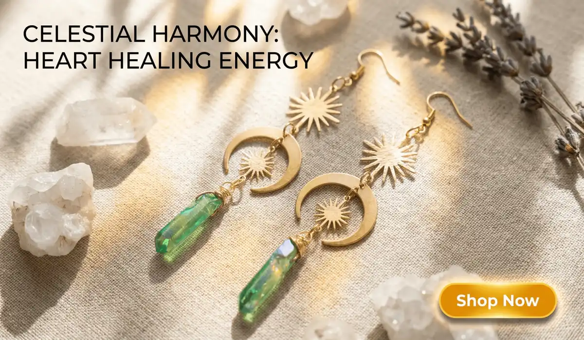 Why You Keep Seeing Angel Numbers After a Breakup and What They Mean for Your Healing 2 - Buddha Bodhis Handcrafted celestial sun and moon earrings featuring green aura quartz crystal points for heart healing, presented in a high-end spiritual lifestyle setting for a jewelry blog.