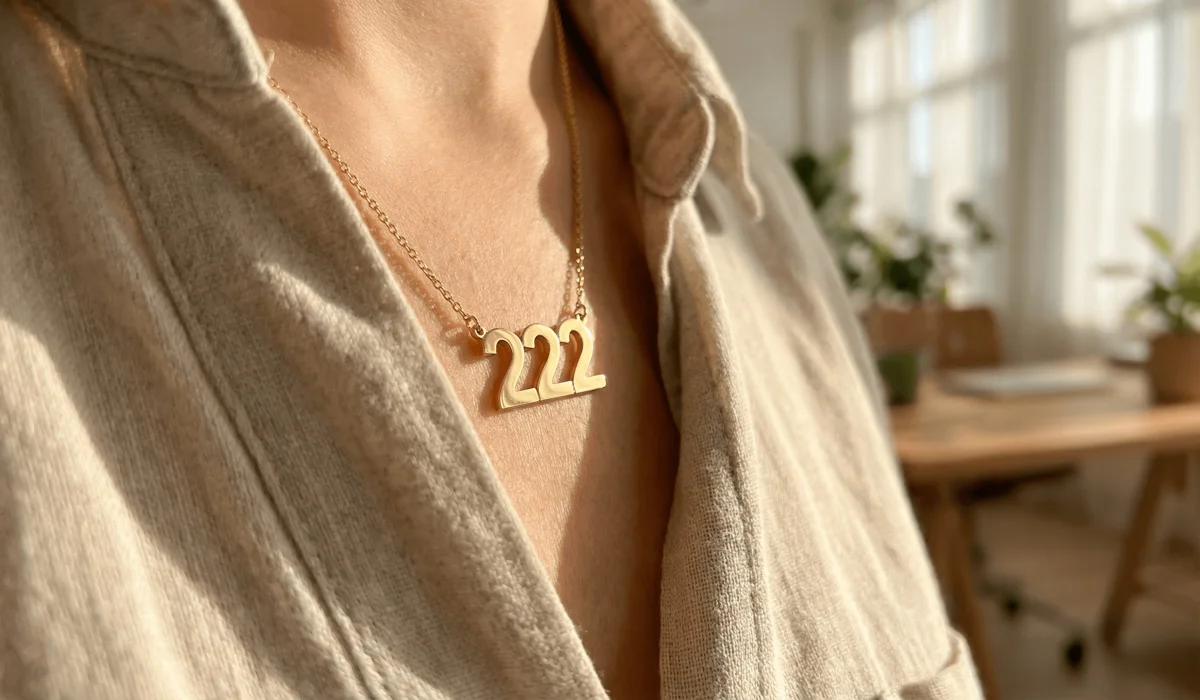 222 Angel Number Meaning: A Message of Peace, Balance, and Divine Alignment 3 - Buddha Bodhis High-quality close-up of gold 222 angel number jewelry used as a physical anchor for mindfulness and peace.